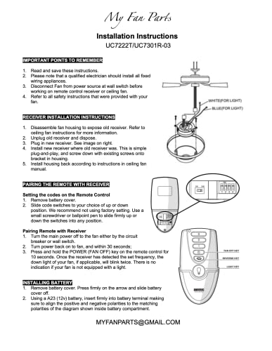 Replacement MR77A Hampton Bay / Home Decorators Collection Ceiling Fan Kit by MFP