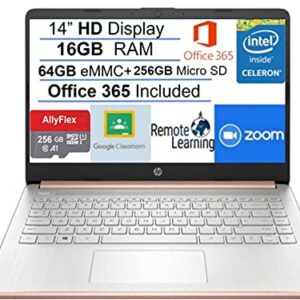 2021 Newest HP Stream 14" HD SVA Laptop Computer, Intel Celeron N4000 Processor, 16GB RAM, 320GB Space(64GB eMMC+256GB MSD), Office 365, HDMI, USB-C, Windows 10, Rose Gold, AllyFlex MP, Online Class
