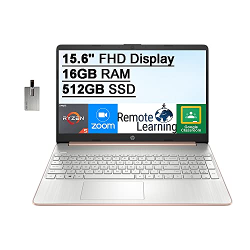 2021 HP 15.6inch FHD Laptop Computer, AMD Ryzen 5-5500U Processor(Beats Intel i7-1065G7), 16GB RAM, 512GB PCIe SSD, Radeon Graphics, HD Webcam, HDMI, Wi-fi, Win 10, Gold, 32GB USB Card Rose Gold