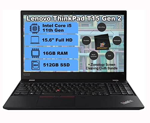 Lenovo ThinkPad T15 Gen 2 15.6" FHD Business IPS Laptop, Intel Quad-Core i5-1145G7 2.6 GHZ,16 GB RAM, 512 GB PCIe SSD, Intel Iris Xe, WiFi, Bluetooth, Backlit KB, Win 10 Pro + Zipnology Cloth -New