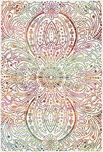 Unique Loom Lyon Collection Colorful Abstract Floral Rainbow Gradient Area Rug, 4 x 6 Feet, Ivory/Pink