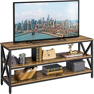 yaheetech industrial tv stand for tv up to 65 inch, 55″ tv cabinet with 3 tier storage shelves for living room, entertainment center tv console table with metal frame, rustic brown