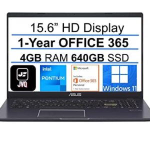 ASUS Newest Ultra Thin Laptop, 15.6” HD Display, Intel Pentium Processor, 640GB SSD(128GB eMMC+512GB PCIe SSD), 4GB RAM, WiFi, Bluetooth, USB, Windows 11 Home S, 1 Year Microsoft 365, Black, JVQ+MP