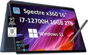 hp spectre x360 16″ 2-in-1 3k qhd+ touchscreen (intel 12th gen i7-12700h, 16gb ram, 2tb ssd, stylus) home, business & creator laptop, long-battery life, fingerprint, backlit, thunderbolt 4, win 11 pro