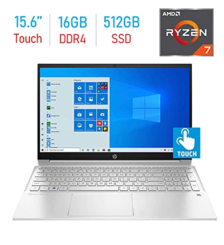 HP Pavilion 15.6' FHD IPS Touchscreen Laptop PC | 8-Core AMD Ryzen 7 5700U | Backlit Keyboard | Webcam| B&O Audio| Bluetooth | W10H | Mazepoly Accessories (16GB RAM 512GB SSD), Silver