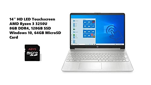 HP 14" HD LED Touchscreen Laptop, AMD Ryzen 3 3250U up to 3.5GHz, 8GB DDR4, 128GB SSD, Bluetooth, Wi-Fi, HD Webcam, HD Audio, Media Card Reader, USB 3.1-C, HDMI, Windows 10, 64GB ABYS Micro SD Card