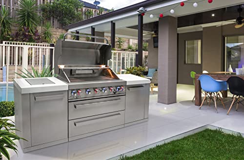 Mont Alpi MAi805 44-inch 6-Burner 115000 BTU Stainless Steel Gas Outdoor Kitchen Bar Barbecue Modular Island Grill w/ Infrared Side & Rear Burners + Granite Countertops + Storage Cabinets & Drawers