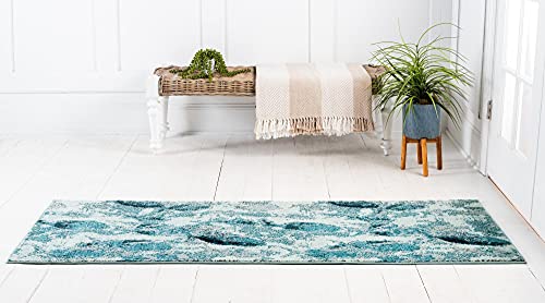 Unique Loom Positano Collection Coastal Modern Fish Light Blue Runner Rug (3' x 10')