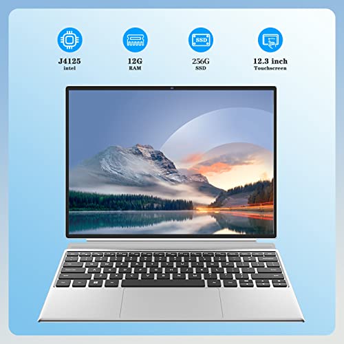2 in 1 Laptop Computer, Intel J4125 Processor Windows 11 Touchscreen 12.3" HD Display with Detachable Keyboard 12GB RAM, 256GB SSD Storage, Type-C, TF Card, Use for Business, Study and Entertainment