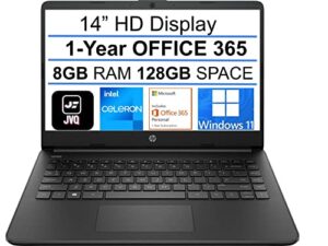2022 newest hp stream 14″ hd laptop, intel celeron n4020(up to 2.8ghz), 8gb ram, 128gb space(64gb emmc+64gb card), 1-year office 365, wifi, hdmi, usb-c, webcam, bluetooth, windows 11s, black+jvq mp