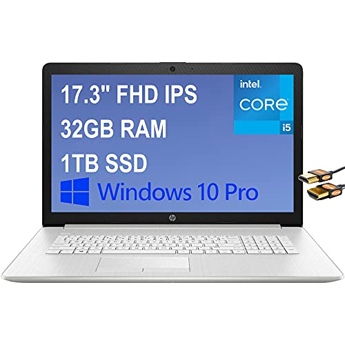 HP 17 Flagship Laptop Computer 17.3" FHD IPS Anti-Glare Display 11th Gen Intel 4-Core i5-1135G7 (Beats i7-10510U) 32GB RAM 1TB SSD Intel Iris Xe Graphics Webcam Win10 Pro Silver + HDMI Cable