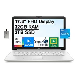 2022 hp 17.3″ fhd ips display laptop computer, 11th intel core i5-1135g7 processor, 32gb ram, 2tb ssd, backlit keyboard, intel iris xe graphics, hd webcam, windows 10, silver, 32gb snowbell usb card