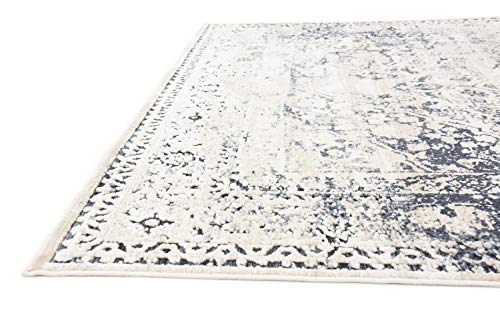 Unique Loom Chateau Collection High-Low Pile, Vintage, Traditional, Distressed, Medallion Area Rug (5' 0 x 8' 0 Rectangular, Beige/Navy Blue)