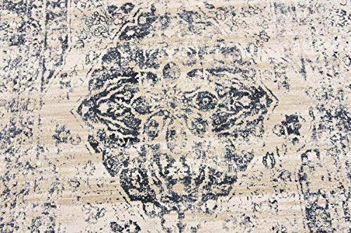 Unique Loom Chateau Collection High-Low Pile, Vintage, Traditional, Distressed, Medallion Area Rug (5' 0 x 8' 0 Rectangular, Beige/Navy Blue)
