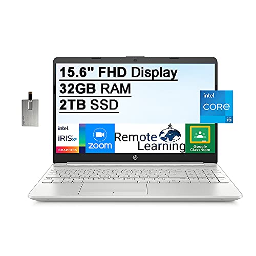 2021 HP 15.6" FHD Laptop Computer, 11th Gen Intel Core i5-1135G7(Beats i7-1065g7), 32GB DDR4 RAM, 2TB PCIe SSD, Intel Iris Xe Graphics, HD Webcam, Stereo Speakers, Windows 10, Silver, 32GB USB Card