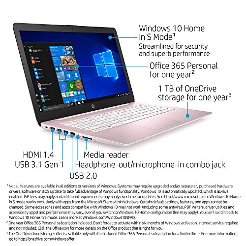 HP Stream 14-Inch Laptop, Intel Celeron N4000, 4 GB RAM, 32 GB eMMC, Windows 10 Home in S Mode With Office 365 Personal For 1 Year (14-cb184nr, Rose Pink)