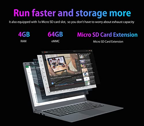 WAKST 14.1'' Windows 11 Laptop , Intel Celeron N3350 , 1920x1080 FHD IPS Display, Ultra Slim Notebook PC, with 4GB RAM BT4.2, Work Study Computer