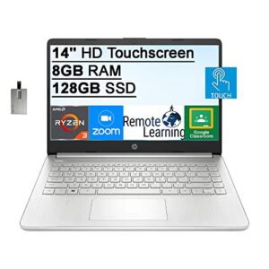 2022 hp 14″ hd touchscreen laptop computer, amd ryzen 3-3250u processor, 8gb ram, 128gb ssd, hd audio, 720p hd webcam, amd radeon graphics, bluetooth, hdmi, windows 11, silver, 32gb snowbell usb card