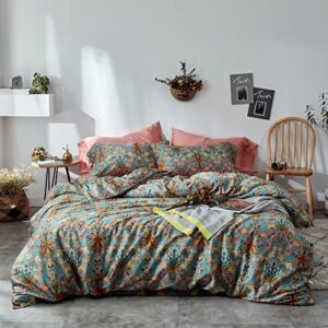 mixinni Vintage Style Garden Flower Duvet Cover Set with Zipper Closure Soft Cotton Yellow Flower Pattern on Blue Bedding Quilt Cover Set(King, All Season)