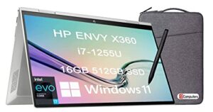 hp 2022 envy x360 15 15t 2-in-1 touchscreen (intel 12th gen i7-1255u, 16gb ram, 512gb ssd, webcam, stylus) 15.6″ fhd convertible laptop, backlit kb, 2 x thunderbolt 4, ist computers bag, win 11 home