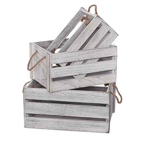 SLPR Wooden Crates for Decoration and Storage (Set of 3, Rope Handles): Rustic White Wood Crate Boxes for Display, Small Distressed Farm Bin, Prop Boxes for Photography, Craft Storage