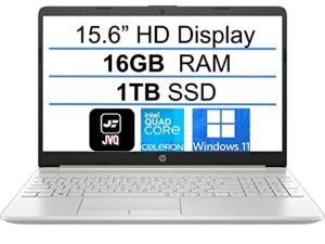2022 newest hp 15 laptop computer, 15.6″ hd display, intel celeron quad-core n4120(up to 2.6ghz), 16gb ddr4 ram, 1tb ssd, hdmi, rj45, wi-fi, bluetooth, webcam, usb type-c, win11 s, silver+jvq mp