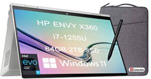 hp envy x360 15 15t 2-in-1 touchscreen (intel 12th gen i7-1255u, 64gb ram, 2tb ssd, webcam, stylus) 15.6″ fhd convertible laptop, backlit kb, 2 x thunderbolt 4, computer bag included, win 11 home