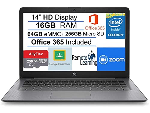 Newest HP Stream 14" HD SVA Laptop Computer, Intel Celeron N4000 Processor, 16GB RAM, 320GB Space(64GB eMMC+256GB MSD), Office 365, HDMI, Bluetooth, Windows 10, Black, AllyFlex MP, Online Class Ready