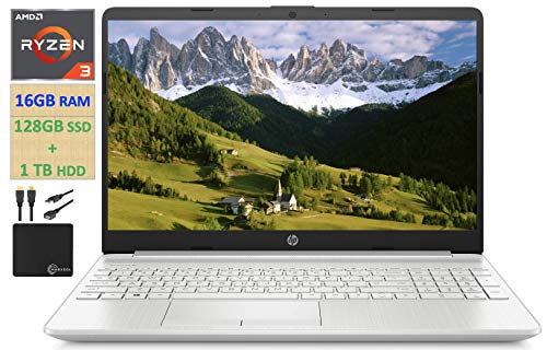 2021 HP Flagship 15.6” HD Laptop Computer, AMD Ryzen 3 3250U up to 3.5GHz (Beat Intel i5-7200U), 16GB RAM, 128GB SSD+1TB HDD, HD Webcam,Remote Work,WiFi, Bluetooth 4.2, HDMI, Win10 S, w/Marxsol Cables