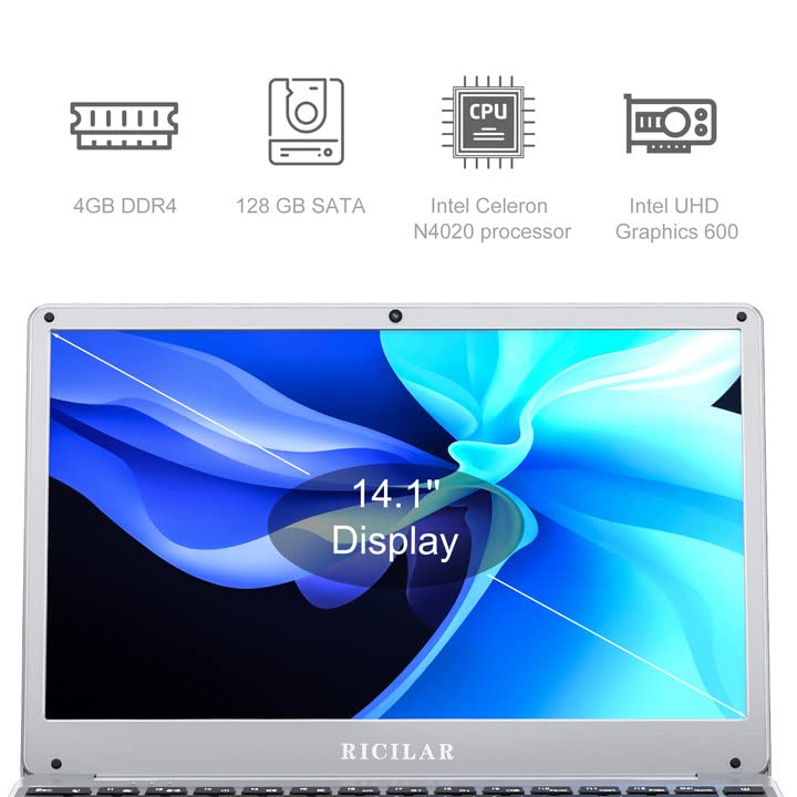 RICILAR Windows Laptop, 14 Inch HD Display, Intel Celeron N4020, 4GB RAM, 128GB SSD, Backlit Keyboard, Type C, HDMI, Wi-Fi 5, Silver, School Laptop Computer for Students and Business