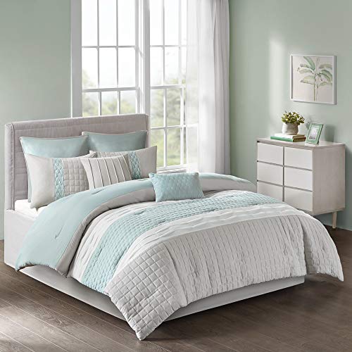 510 DESIGN Cozy Comforter Set - Geometric Honeycomb Design, All Season Down Alternative Casual Bedding with Matching Shams, Decorative Pillows, Full/Queen (90"x90"), Seafoam/Grey 8 Piece