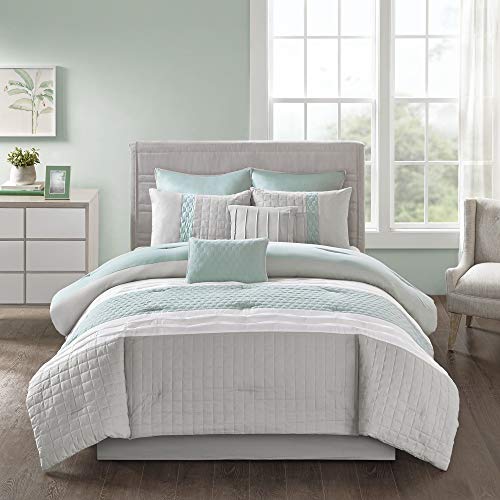 510 DESIGN Cozy Comforter Set - Geometric Honeycomb Design, All Season Down Alternative Casual Bedding with Matching Shams, Decorative Pillows, Full/Queen (90"x90"), Seafoam/Grey 8 Piece