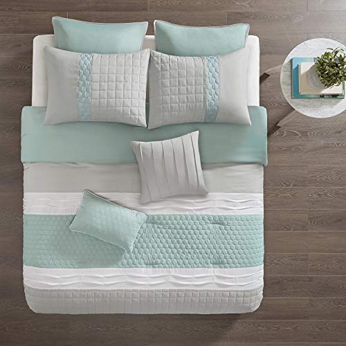 510 DESIGN Cozy Comforter Set - Geometric Honeycomb Design, All Season Down Alternative Casual Bedding with Matching Shams, Decorative Pillows, Full/Queen (90"x90"), Seafoam/Grey 8 Piece