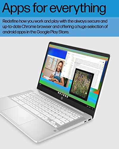 HP Chromebook 14 Laptop, Intel Celeron N4120, 4 GB RAM, 64 GB eMMC, 14" HD Display, Chrome OS, Thin & Portable, 4K Graphics, Long Battery Life, Snow White Keyboard (14a-na0210nr, 2022, Ceramic White)