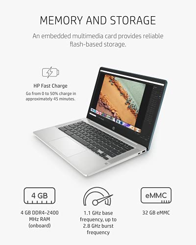 HP Chromebook 14 Laptop, Intel Celeron Processor, 4 GB RAM, 32 GB eMMC, 14” HD (1366 x 768) Touchscreen, Chrome OS, Webcam & Dual Mics, Work, Entertainment, Long Battery Life (14a-na0150nr, 2021)