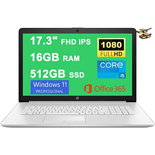 HP 17 Business Laptop 17.3" FHD IPS (300 nits, 100% sRGB) 11th Gen Intel Quad-Core i5-1135G7 (Beats i7-1065G7) 16GB RAM 512GB SSD Intel Iris Xe Graphics Office365 Win11Pro Silver + HDMI Cable