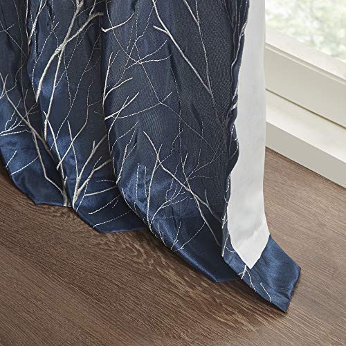 Madison Park Andora Embroidered Back Tab Fabric Single Window Living Room, Transitional Rod Pocket Light Curtain for Bedroom, 1-Panel Pack, 50 x 84, Navy