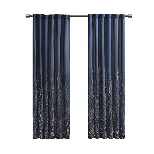 Madison Park Andora Embroidered Back Tab Fabric Single Window Living Room, Transitional Rod Pocket Light Curtain for Bedroom, 1-Panel Pack, 50 x 84, Navy