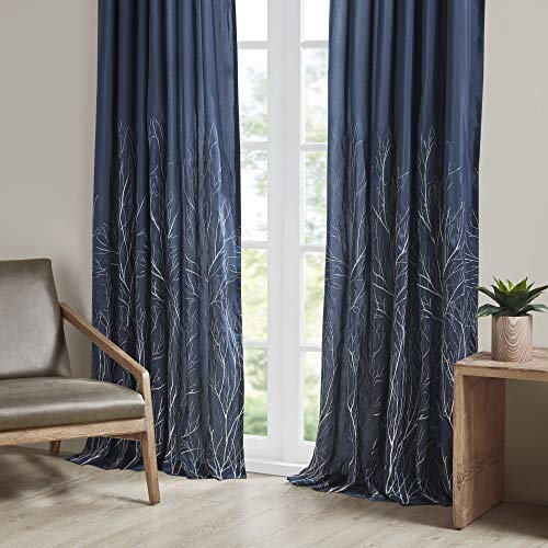 Madison Park Andora Embroidered Back Tab Fabric Single Window Living Room, Transitional Rod Pocket Light Curtain for Bedroom, 1-Panel Pack, 50 x 84, Navy