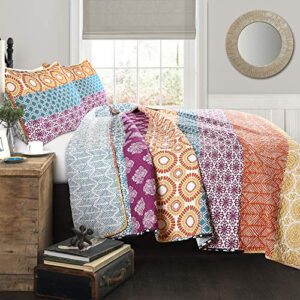 lush decor bohemian striped quilt reversible 3 piece colorful boho design bedding set, full/queen, fuchsia & orange