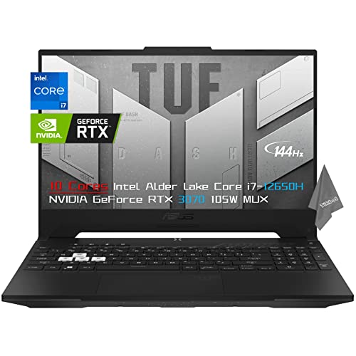 ASUS 2022 TUF Dash 15.6" 144Hz Thin Flagship Gaming Laptop, 10 Cores Intel Alder Lake i7-12650H, GeForce RTX 3070 105W MUX, 24GB DDR5, 2TB SSD, Backlit KB, Wi-Fi 6, Thunderbolt 4