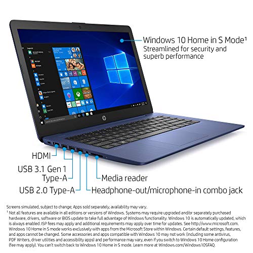 HP Stream 14-inch Laptop, AMD Dual-Core A4-9120E Processor, 4 GB SDRAM, 64 GB eMMC, Windows 10 Home in S Mode (14-ds0050nr, Royal Blue) (Renewed)