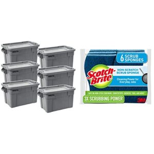 rubbermaid commercial products brute tote storage bin with lid, 20-gallon, gray, rugged/reusable boxes for moving/camping/garage/basement storage, pack of 6