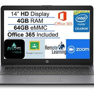 Newest HP Stream 14" HD SVA Laptop Computer, Intel Celeron N4000 Processor, 4GB RAM, 64GB eMMC Flash Memory, 1-Year Office 365, HDMI, Bluetooth, Windows 10, Black, AllyFlex MP, Online Class Ready