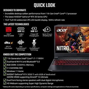 Acer Nitro 5 Premium Gaming Laptop, 15.6 inch FHD 144Hz IPS Display, Nvidia GeForce RTX 3050 Ti 4GB GDDR6, 11th Intel 8-Core i7-11800H(Beat Ryzen 7 5800H), Windows 11 Home(32GB|1024GB SSD)