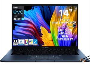 asus zenbook 14″ 2.8k oled laptop 12 cores 12th gen intel evo i5-1240p 600 nits 90hz 100% dci-p3, 18 hrs battery life, thunderbolt 4, wifi 6e w/hdmi cable(8gb ram | 256gb pcie ssd)