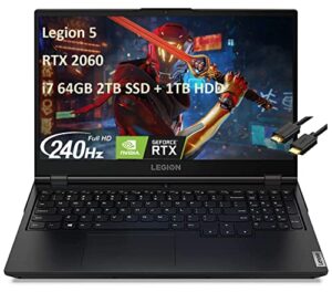 lenovo legion 5 15.6″ fhd 240hz (intel 6-core i7-10750h, geforce rtx 2060 (beat rtx 3050ti), 64gb ram, 2tb pcie ssd+1tb hdd) 1080p ips gaming laptop, backlit, ist hdmi cable, windows 10 home