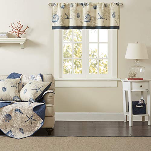 Bayside Printed Ivory Navy Window Valance , Cotton Printed Rod Pocket Valances for Windows , 50X18" , Dark Blue