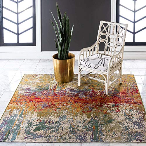 Unique Loom Modern Collection Rustic, Abstract, Distressed, Bright Colors, Indoor and Outdoor Area Rug, 6 ft 0 in x 6 ft 0 in, Multi/Green