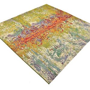 Unique Loom Modern Collection Rustic, Abstract, Distressed, Bright Colors, Indoor and Outdoor Area Rug, 6 ft 0 in x 6 ft 0 in, Multi/Green